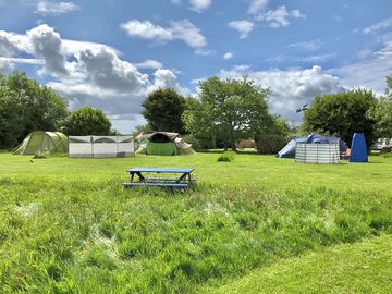 Non-electric grass pitches overlooking the play area
