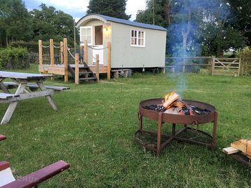 Evening at the hut with the firepit going