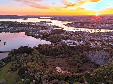 Aerial view of the quarry at sunset