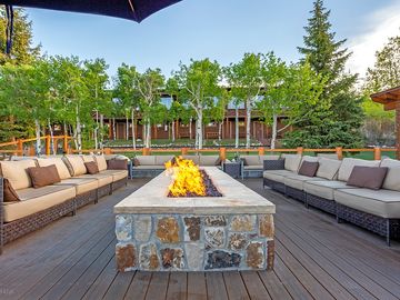 Shared seating area around the fire rings