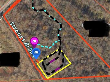 Basic birds eye of land layout. yellow box is the one acre proposed future rv parking area.