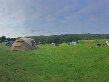 Our campsite in the morning, facing misty hills.