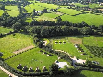Drone aerial of quantock and vineyard wigwams