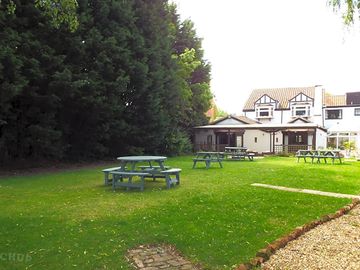 Seating area behind the pub