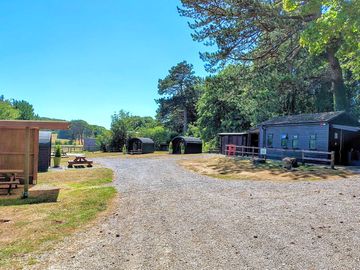 Full site from the approach, with shower block on the right before the pods