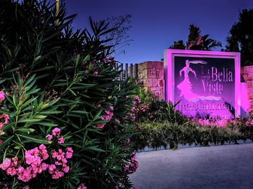 Entrance sign at night