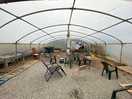 Communal clotheslines, pot wash and water facilities in a large ploy tunnel + communal seating area