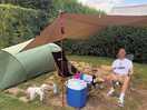 Our tent set up, fully enclosed by hedges and shaded by a tree!