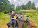 Breakfast 9n the picnic bench next to the pond