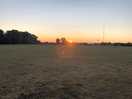 Sunrise over the farm buildings just past the camping field