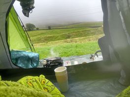 Breakfast by the lake. foggy morning.