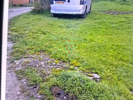 Campervan parked on wet soggy muddy grass on the edge of the road into the site not even on a pitch.