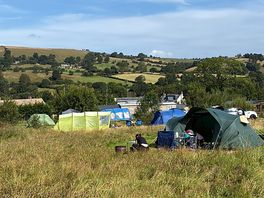 Pitches are cut short with long grass in between to separate pitches and give people some space.