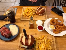 Katsu chicken burger, cheese and bacon burger, onion rings, and ultimate pig in blanket