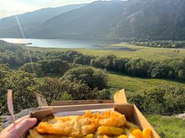 Fish and chips and a glass of wine overlooking the lake. stunning!