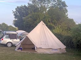 Our bell tent on a glorious sunny day. great to be able to park next to it too