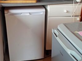 Kettle, microwave, freezer and fridge.