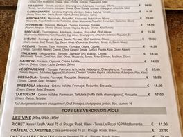 Menu pizza