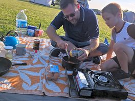 First night tea, camping stove, little man helping!!