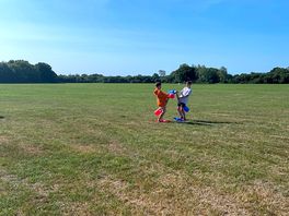 Boys playing gladiators on open field