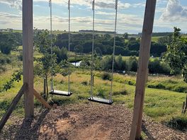 Swing set on top of the hill with views of the campsite.