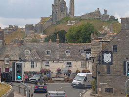 Corfe castle view from open top bus