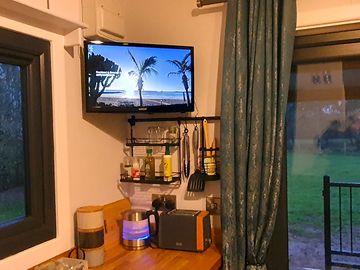 Kitchen utensils and tv