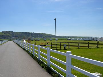 Electric grass pitches located around a flat level field with small park.