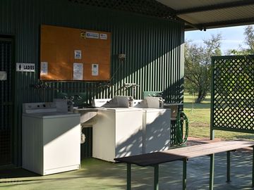 Launderette with three coin-operated washing machines