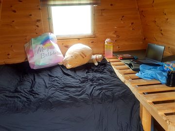 Inside with our belongings set up