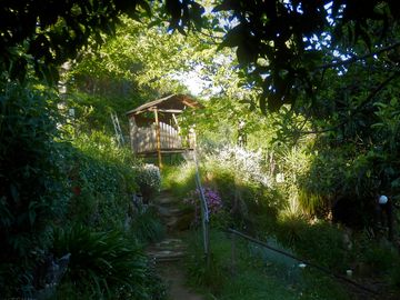Garden scene with playhouse