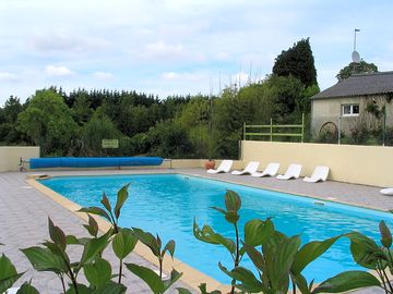 Swimming pool surrounded by solarium with designer loungers
