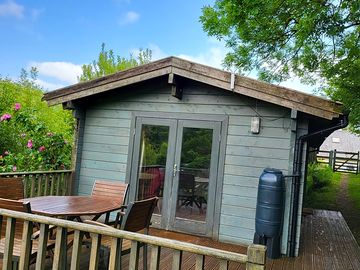 Outdoor dining with patio doors
