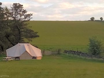 The sage and rose tent with its own barbecue and picnic table