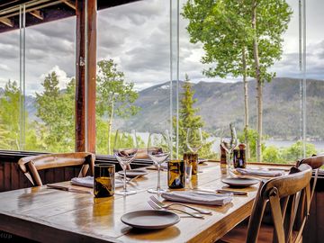 Restaurant with lake and mountain views
