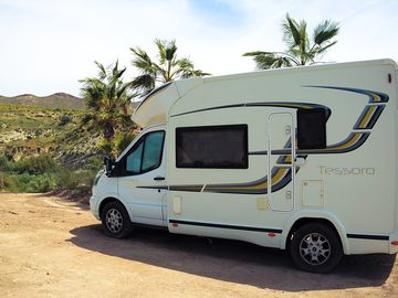 Touring pitches among the palms