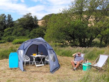 Camping pitch surrounded by trees and meadow grass.
