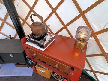 Yurt interior with camp stove