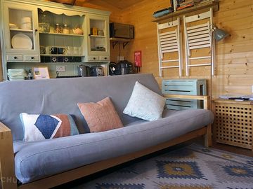 Seating area in the log cabin