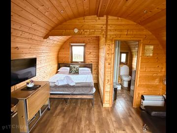 Open space with king size bed and living area