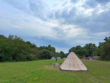 Pitch 1 with a 5m tipee tent for scale. all pitches are around 10m x10m and have a moveable firepit