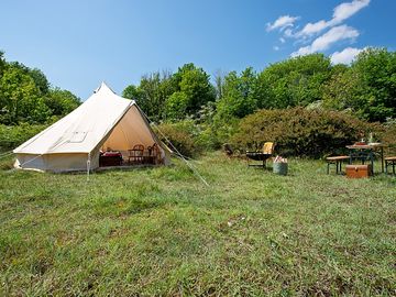Bell tent surrounded by greenery