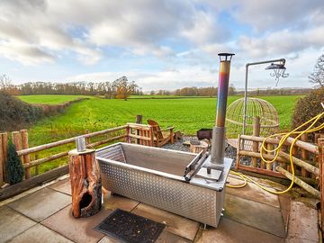 Woodburning hot tub and outside shower
