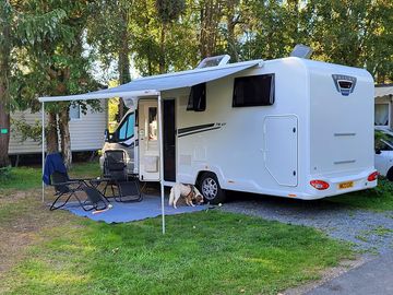 Our set-up with chester, fab pitch and location but wished we'd stocked up with food first!