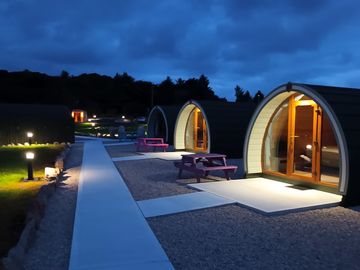 Pods lit up at night