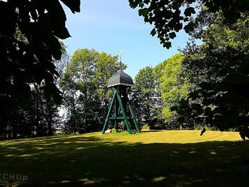 The nearby clock tower