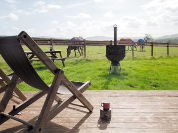 Deck chairs looking out to field with horses