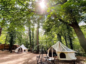 Our stargazing bell tents are situated close to our forest barn & toilet/shower facilities