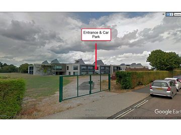 Entrance from crossfield avenue, and car park