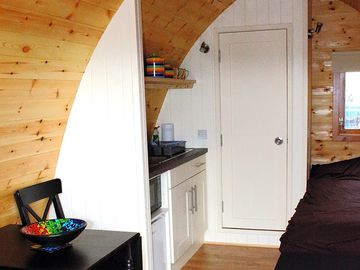 The kitchen area on the right